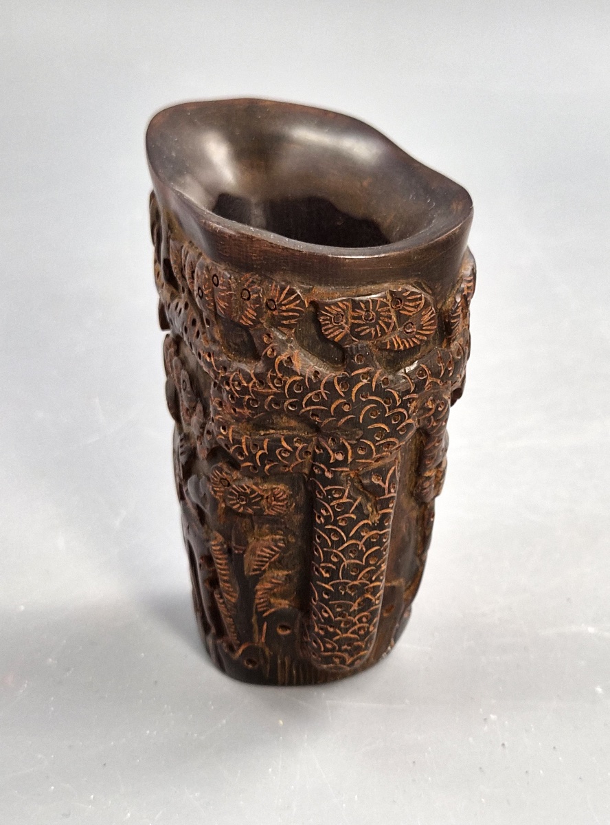 Chinese Libation Cup Carved From Buffalo Horn, Depicting Immortals And Pine Trees, Circa 1880-photo-2