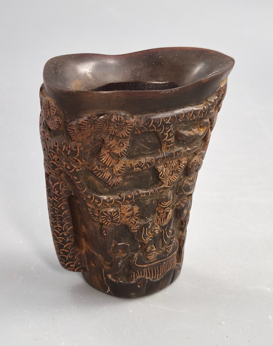 Chinese Libation Cup Carved From Buffalo Horn, Depicting Immortals And Pine Trees, Circa 1880-photo-3