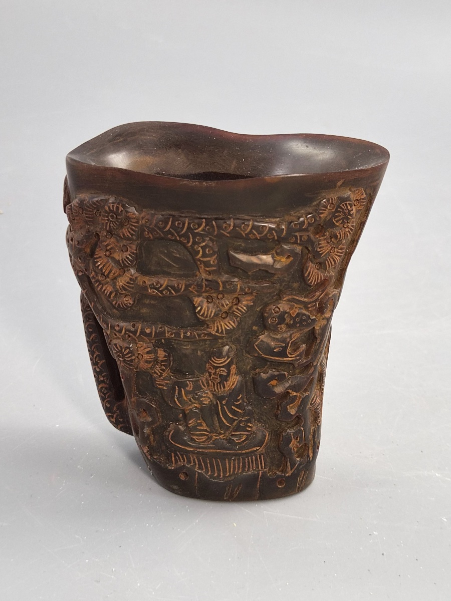 Chinese Libation Cup Carved From Buffalo Horn, Depicting Immortals And Pine Trees, Circa 1880-photo-4