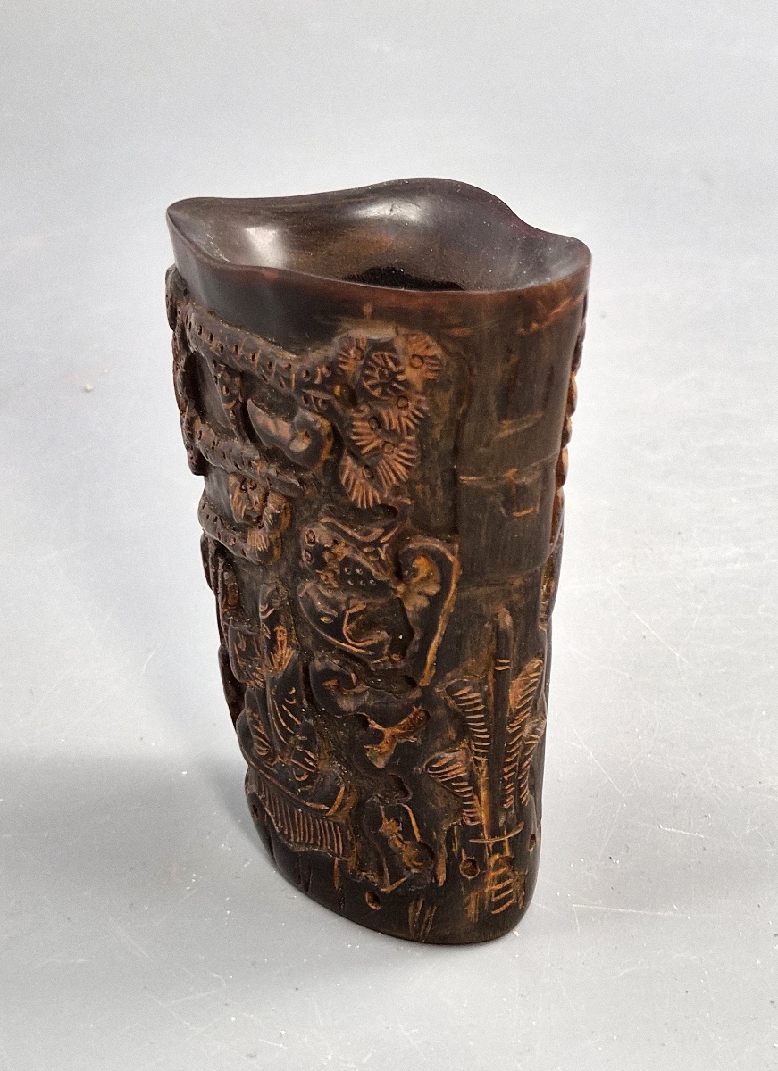 Chinese Libation Cup Carved From Buffalo Horn, Depicting Immortals And Pine Trees, Circa 1880-photo-1
