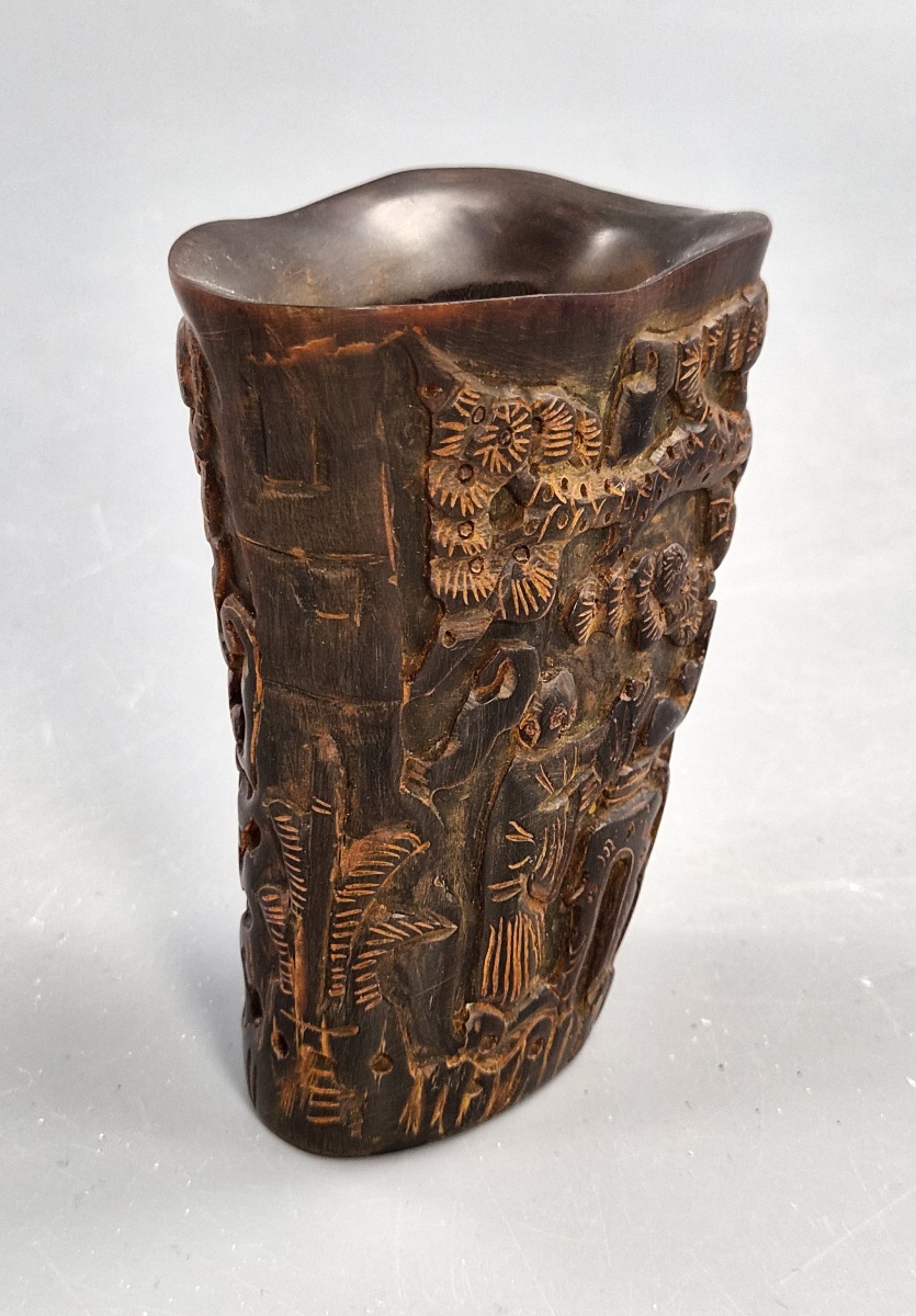 Chinese Libation Cup Carved From Buffalo Horn, Depicting Immortals And Pine Trees, Circa 1880-photo-2