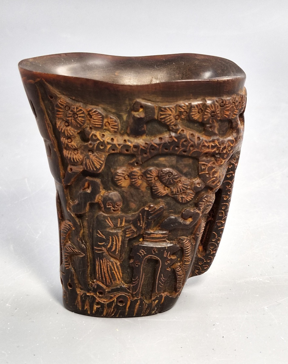 Chinese Libation Cup Carved From Buffalo Horn, Depicting Immortals And Pine Trees, Circa 1880