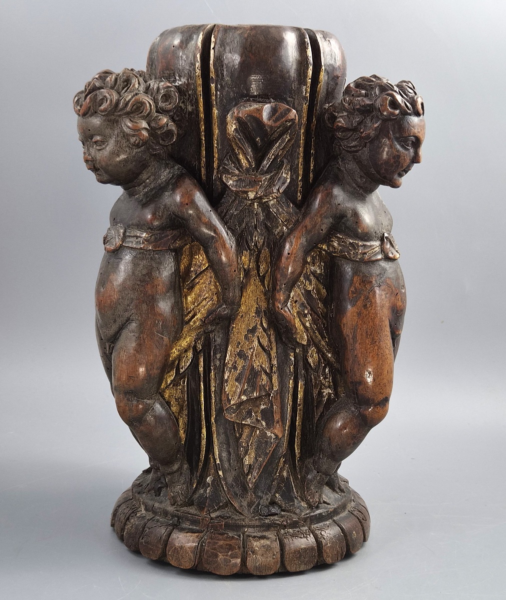 Base de torchère baroque italienne en noyer sculpté, trois putti, Venise, XVIIe-XVIIIe-photo-2