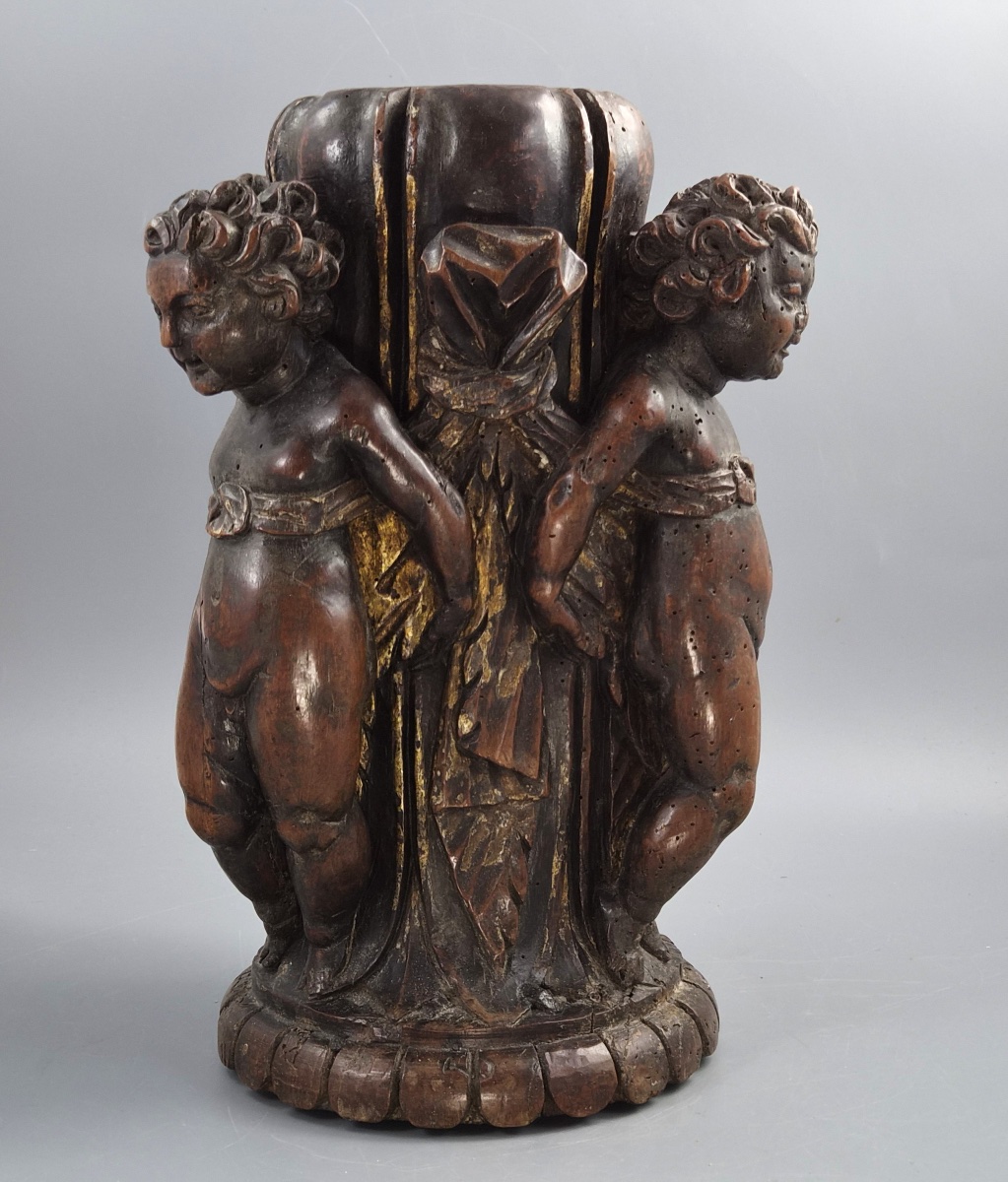 Base de torchère baroque italienne en noyer sculpté, trois putti, Venise, XVIIe-XVIIIe-photo-4