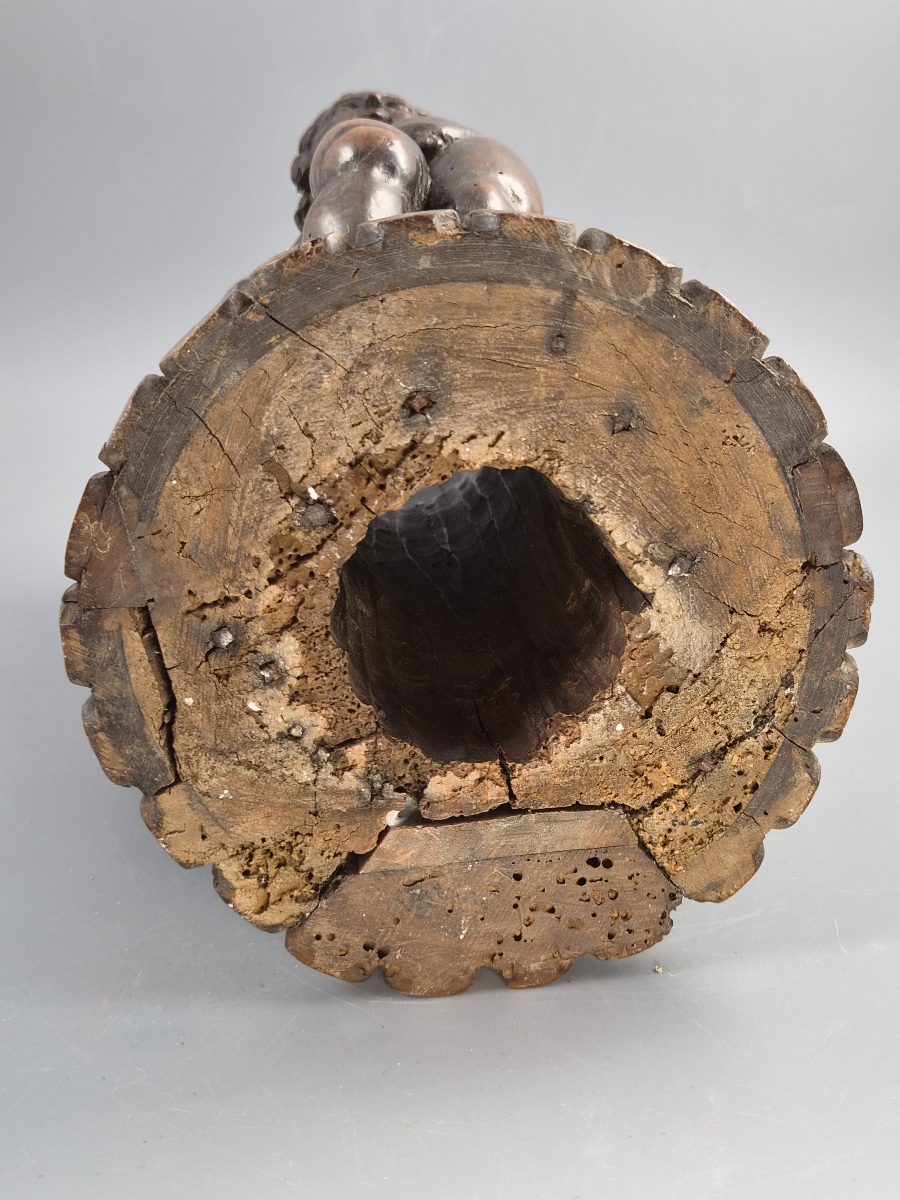 Base de torchère baroque italienne en noyer sculpté, trois putti, Venise, XVIIe-XVIIIe-photo-4