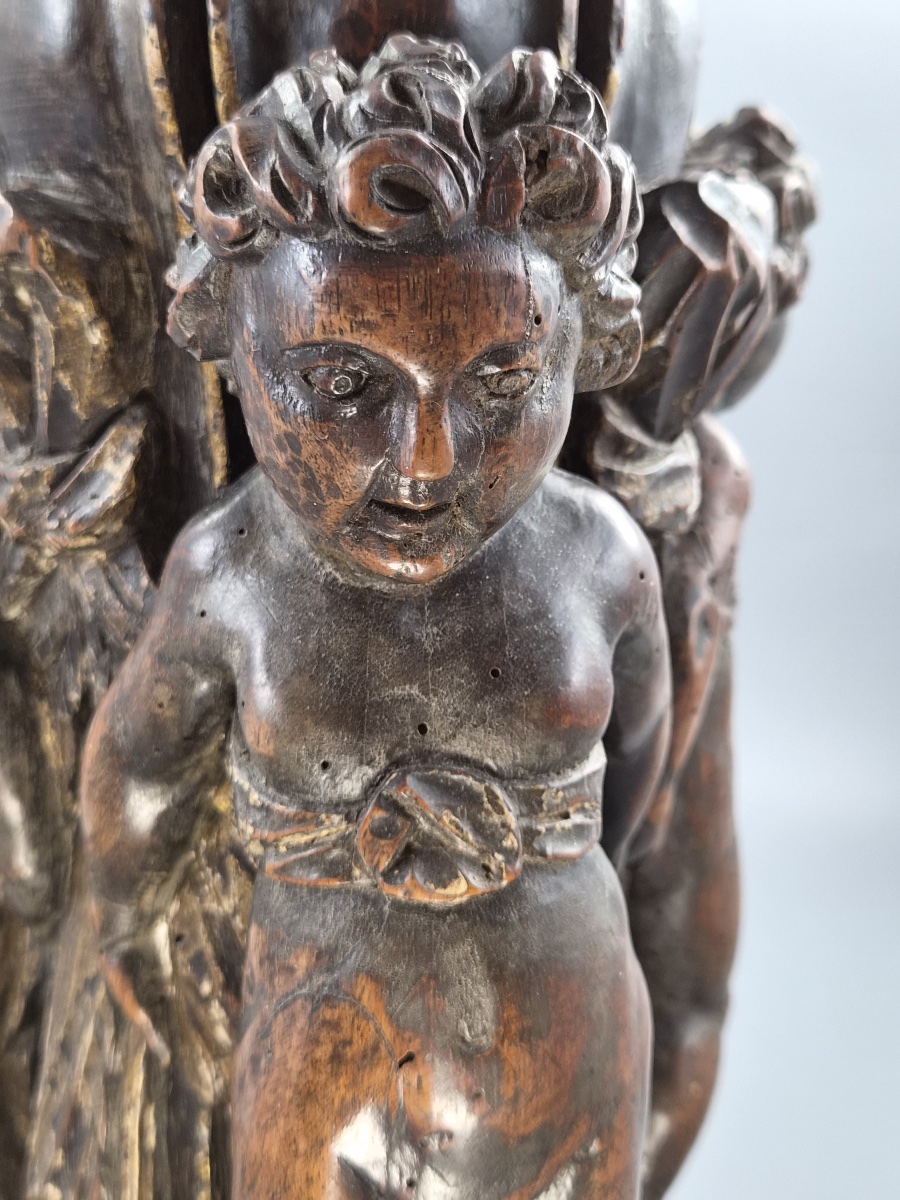 Base de torchère baroque italienne en noyer sculpté, trois putti, Venise, XVIIe-XVIIIe-photo-5