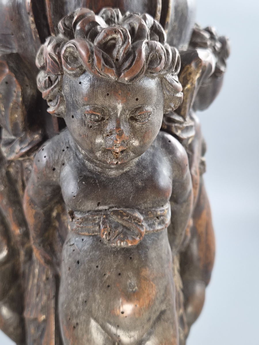 Base de torchère baroque italienne en noyer sculpté, trois putti, Venise, XVIIe-XVIIIe-photo-6