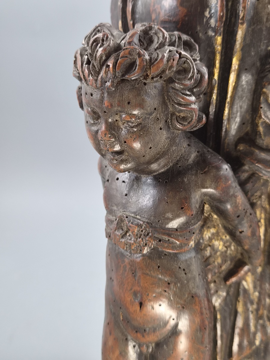 Base de torchère baroque italienne en noyer sculpté, trois putti, Venise, XVIIe-XVIIIe-photo-7