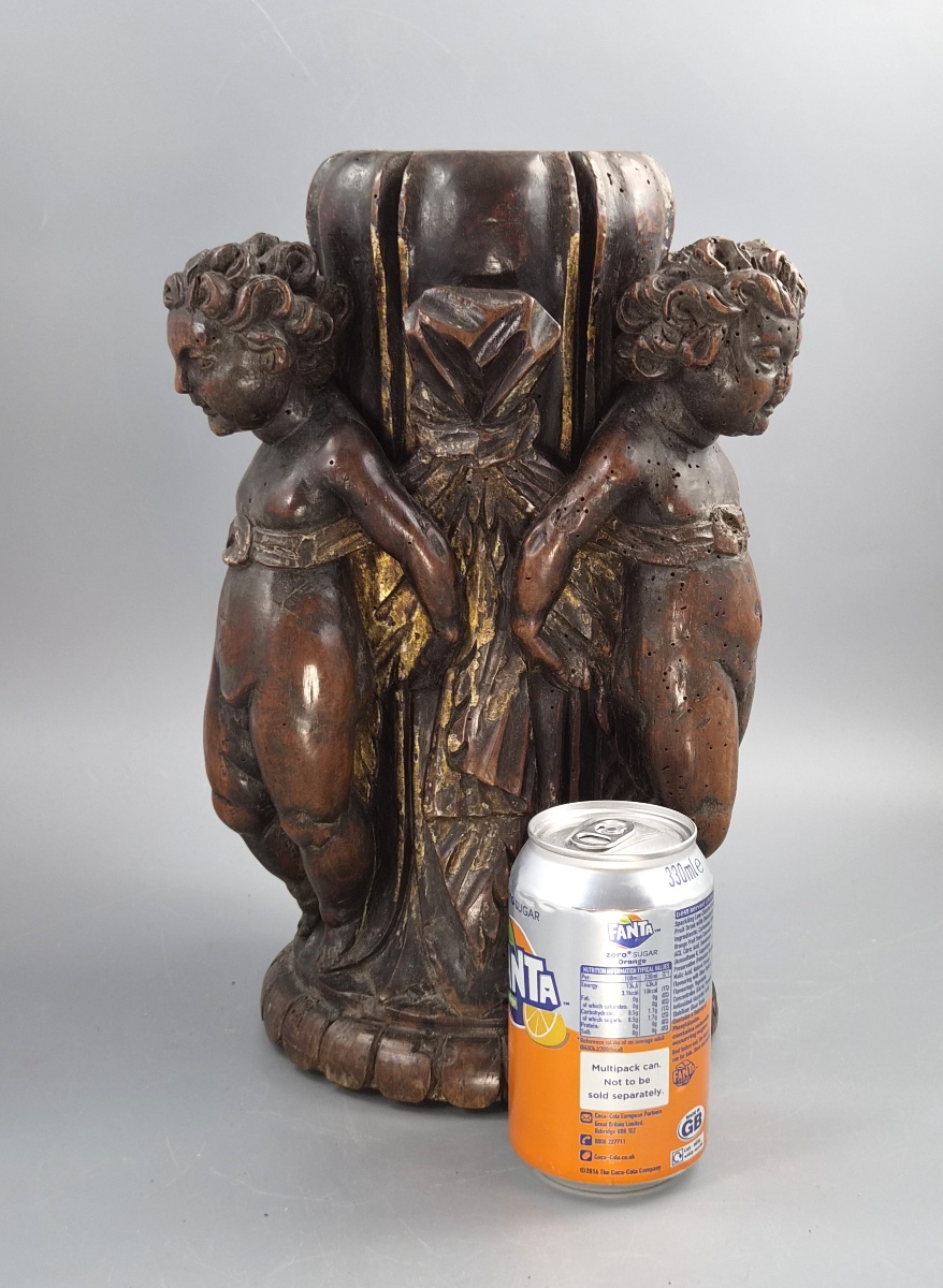 Base de torchère baroque italienne en noyer sculpté, trois putti, Venise, XVIIe-XVIIIe-photo-8
