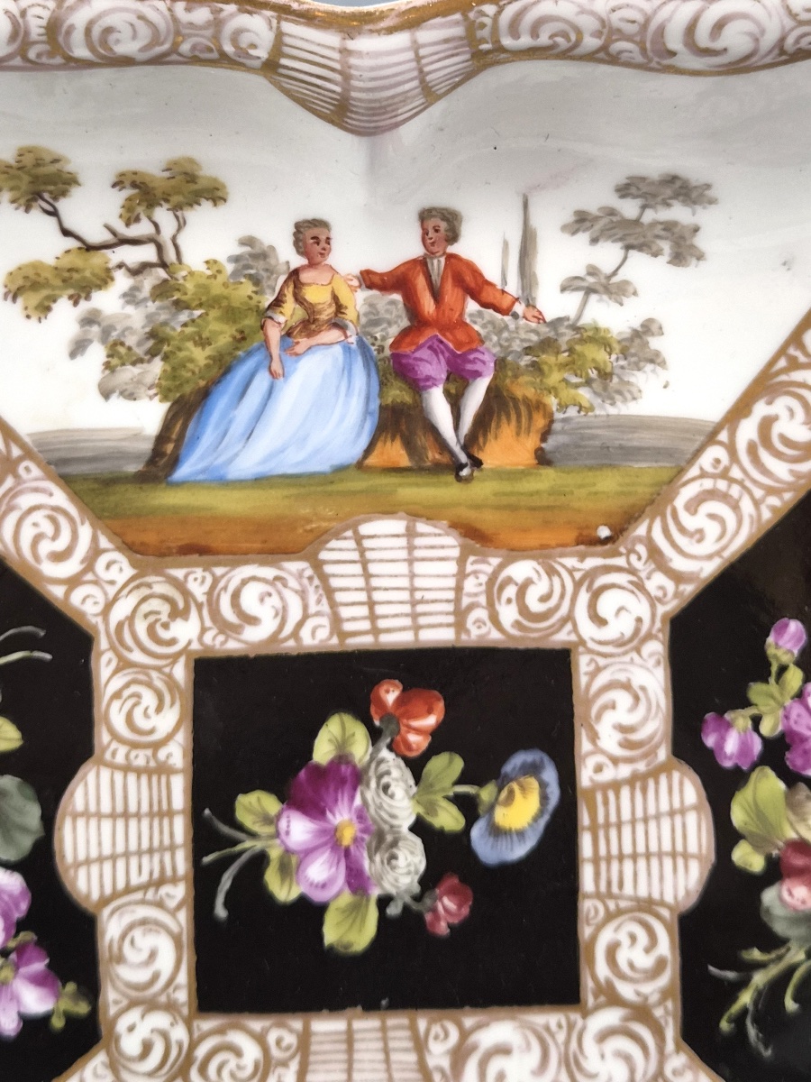 Meissen Porcelain Square Dish, Watteau Scenes And Black Ground, C.1850-1870-photo-2