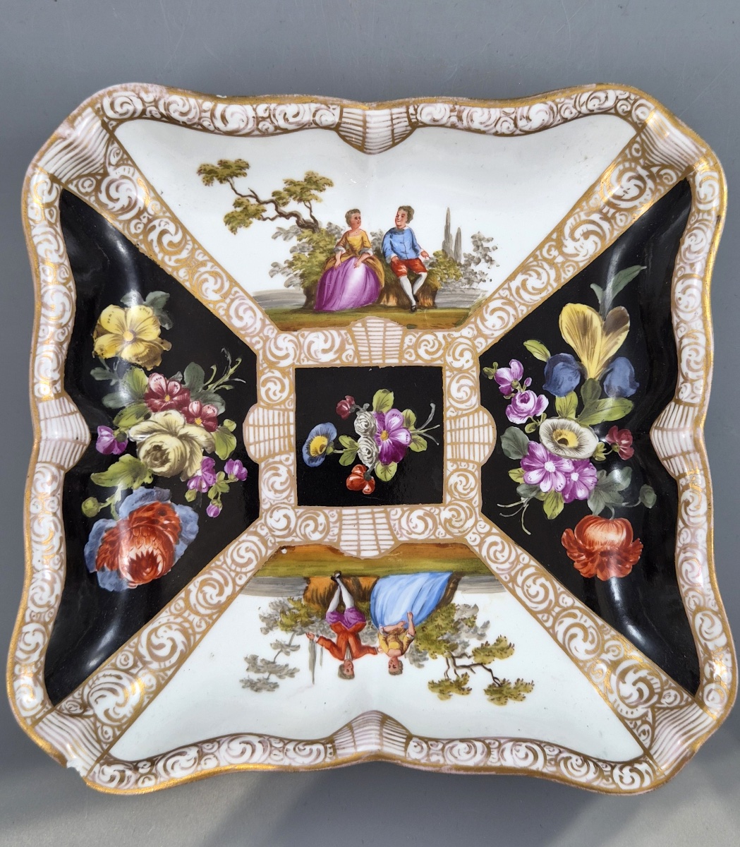 Meissen Porcelain Square Dish, Watteau Scenes And Black Ground, C.1850-1870-photo-4