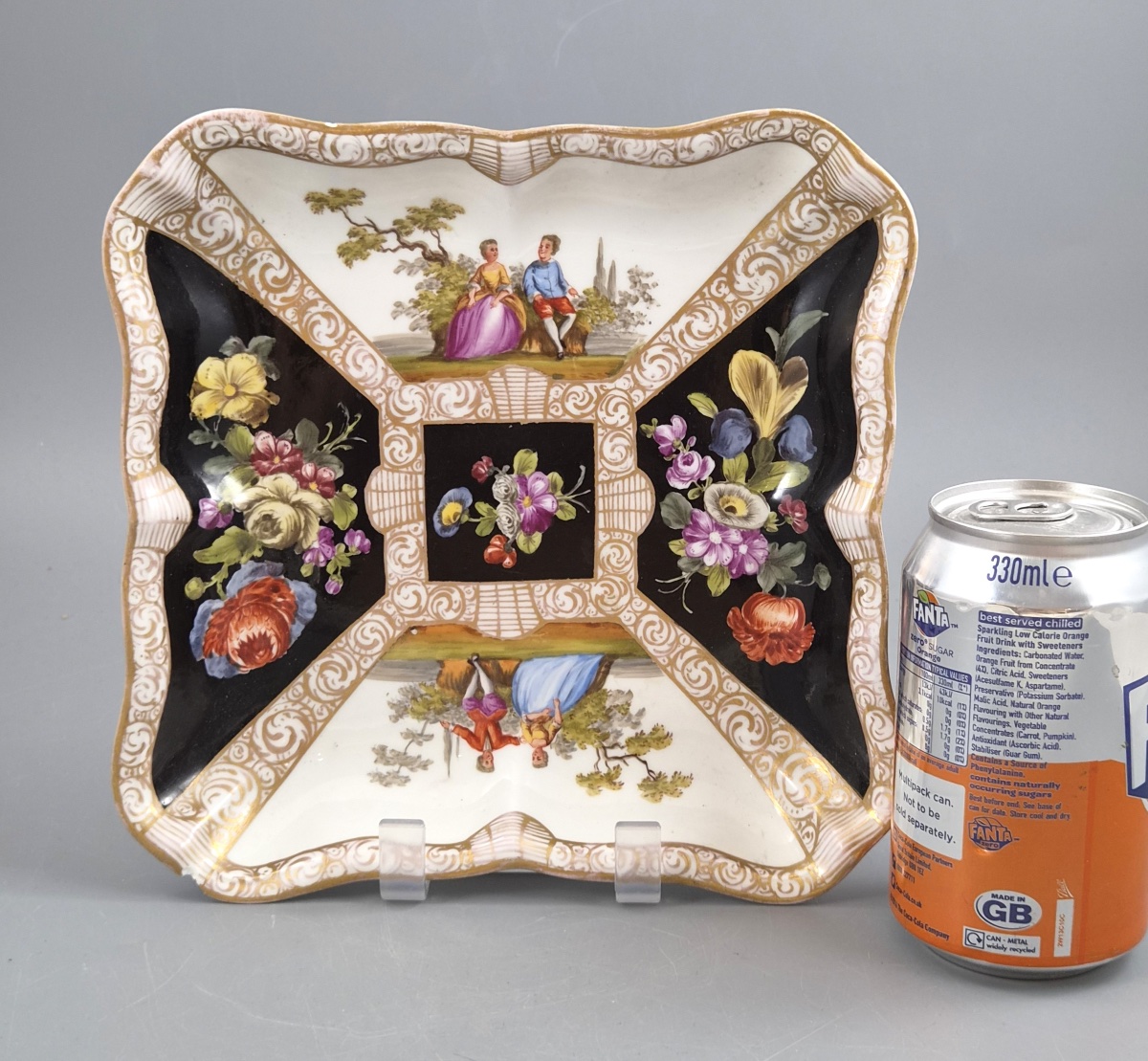 Meissen Porcelain Square Dish, Watteau Scenes And Black Ground, C.1850-1870-photo-2