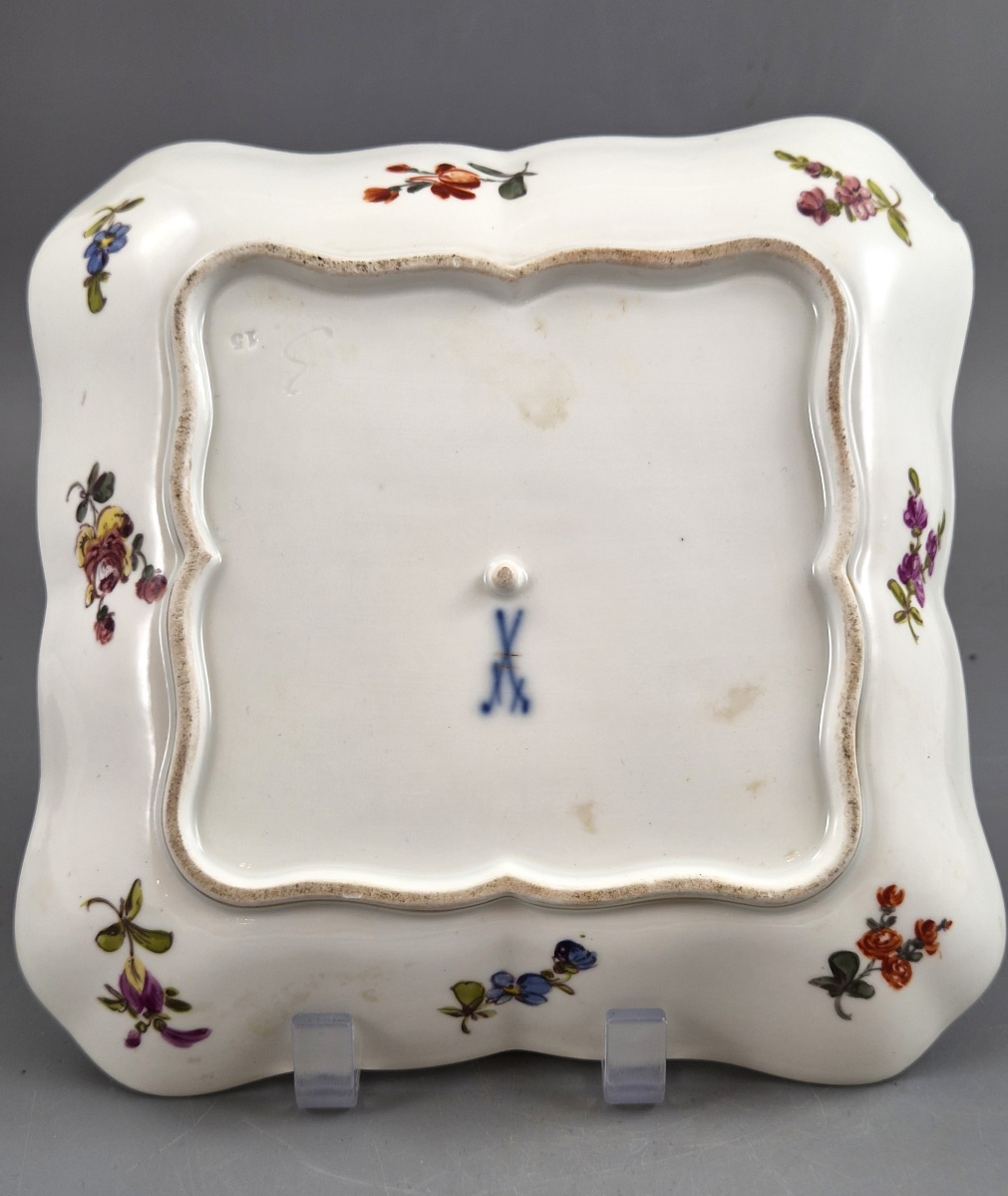 Meissen Porcelain Square Dish, Watteau Scenes And Black Ground, C.1850-1870-photo-3