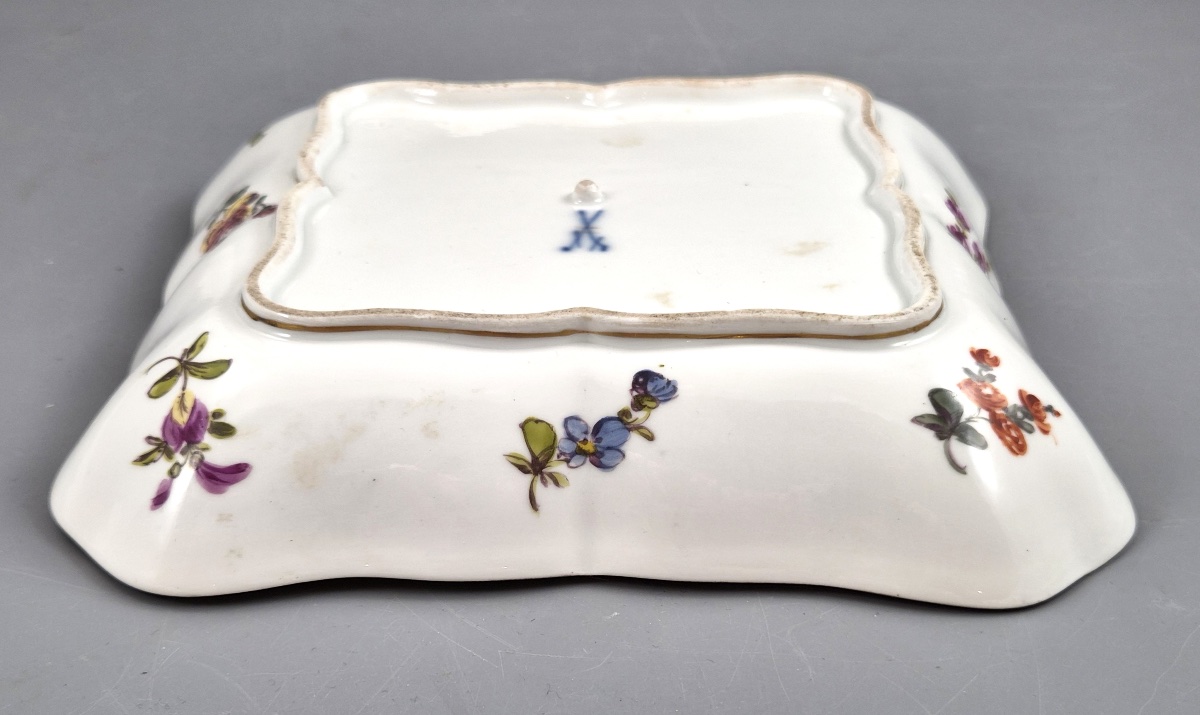 Meissen Porcelain Square Dish, Watteau Scenes And Black Ground, C.1850-1870-photo-4