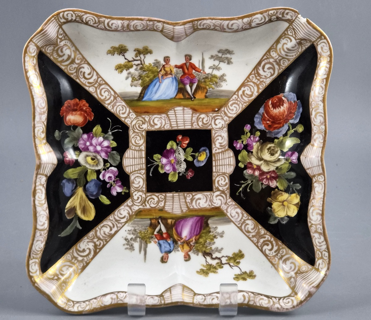 Meissen Porcelain Square Dish, Watteau Scenes And Black Ground, C.1850-1870