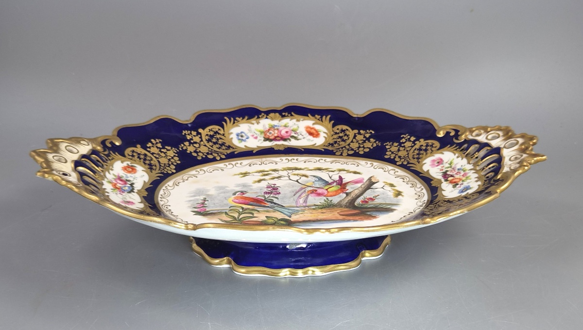 Antique English Fancy Birds Oval Dish, Attributed To Coalport, Cobalt Blue, C.1840-1850-photo-2