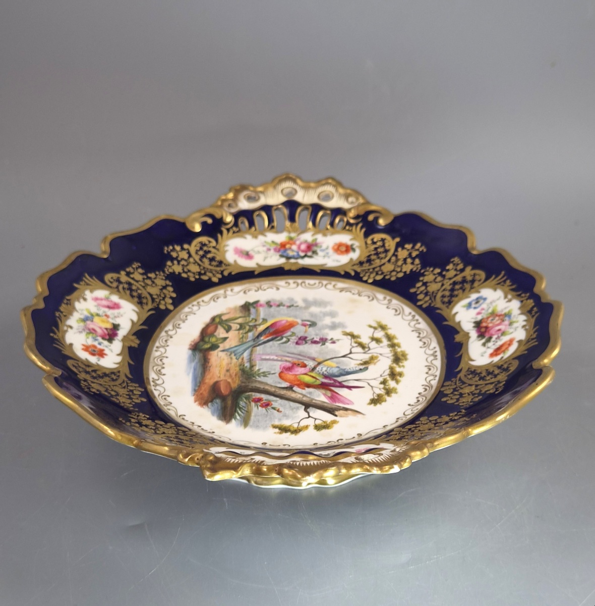 Antique English Fancy Birds Oval Dish, Attributed To Coalport, Cobalt Blue, C.1840-1850-photo-3