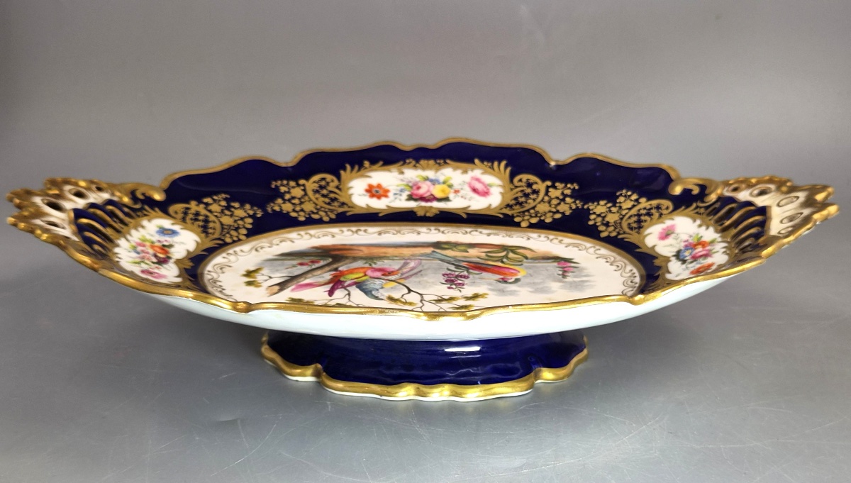 Antique English Fancy Birds Oval Dish, Attributed To Coalport, Cobalt Blue, C.1840-1850-photo-4