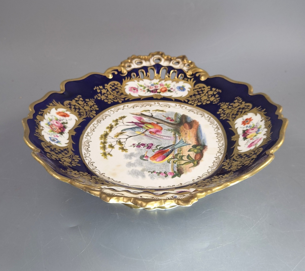 Antique English Fancy Birds Oval Dish, Attributed To Coalport, Cobalt Blue, C.1840-1850-photo-5