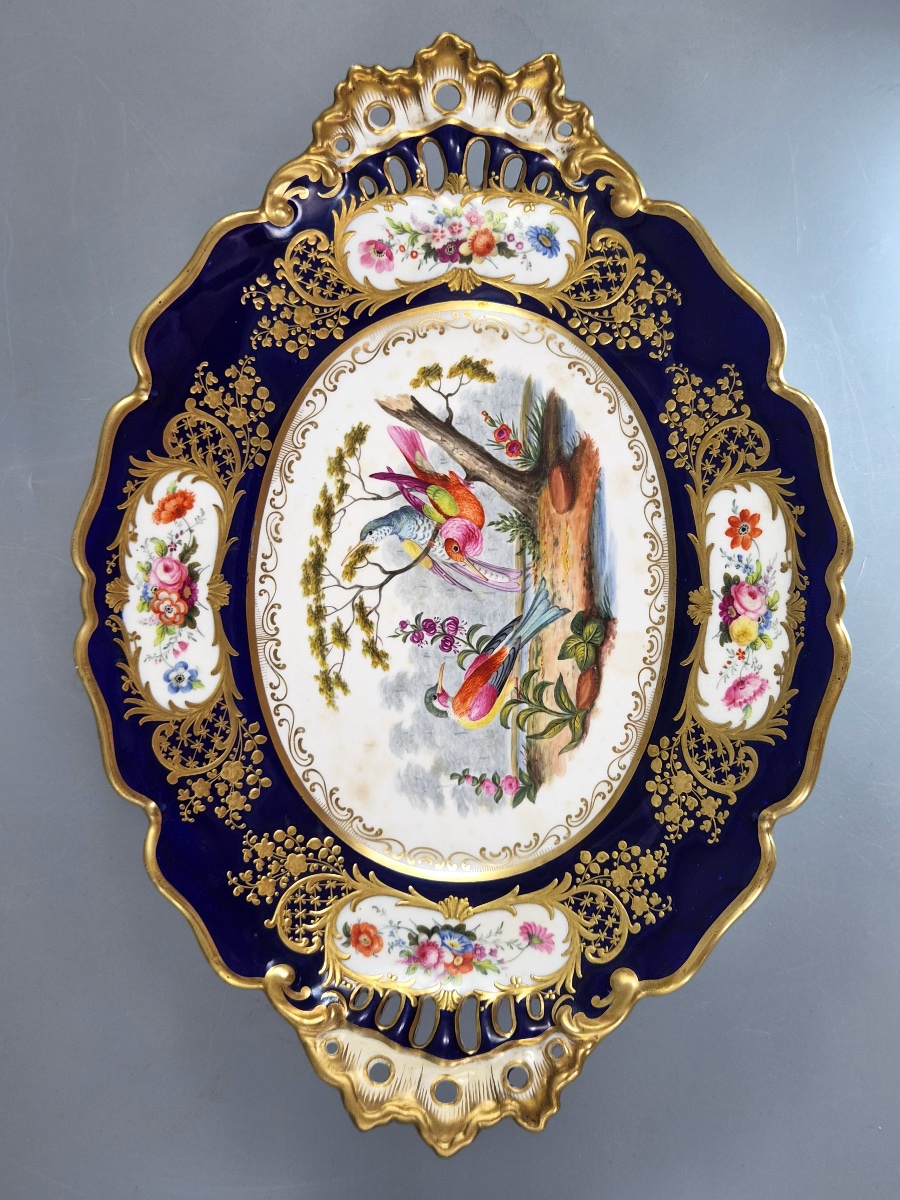 Antique English Fancy Birds Oval Dish, Attributed To Coalport, Cobalt Blue, C.1840-1850-photo-6
