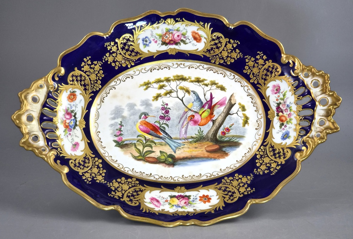 Antique English Fancy Birds Oval Dish, Attributed To Coalport, Cobalt Blue, C.1840-1850