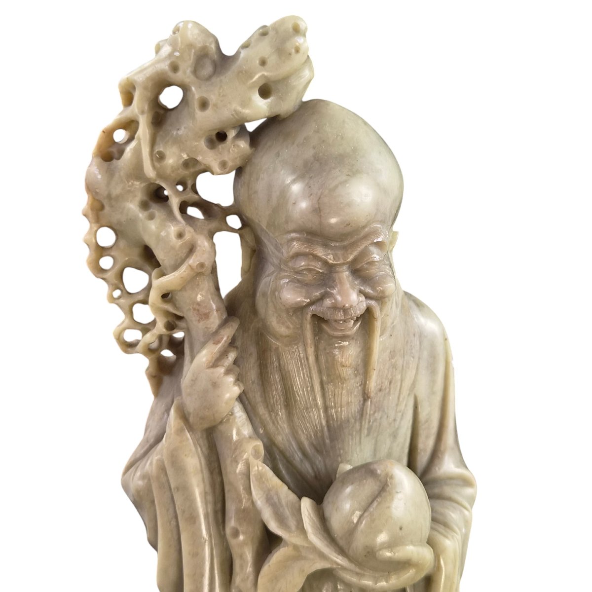 Large Carved Chinese Shoulao Figure Made Of Soapstone, Circa 1890-photo-5