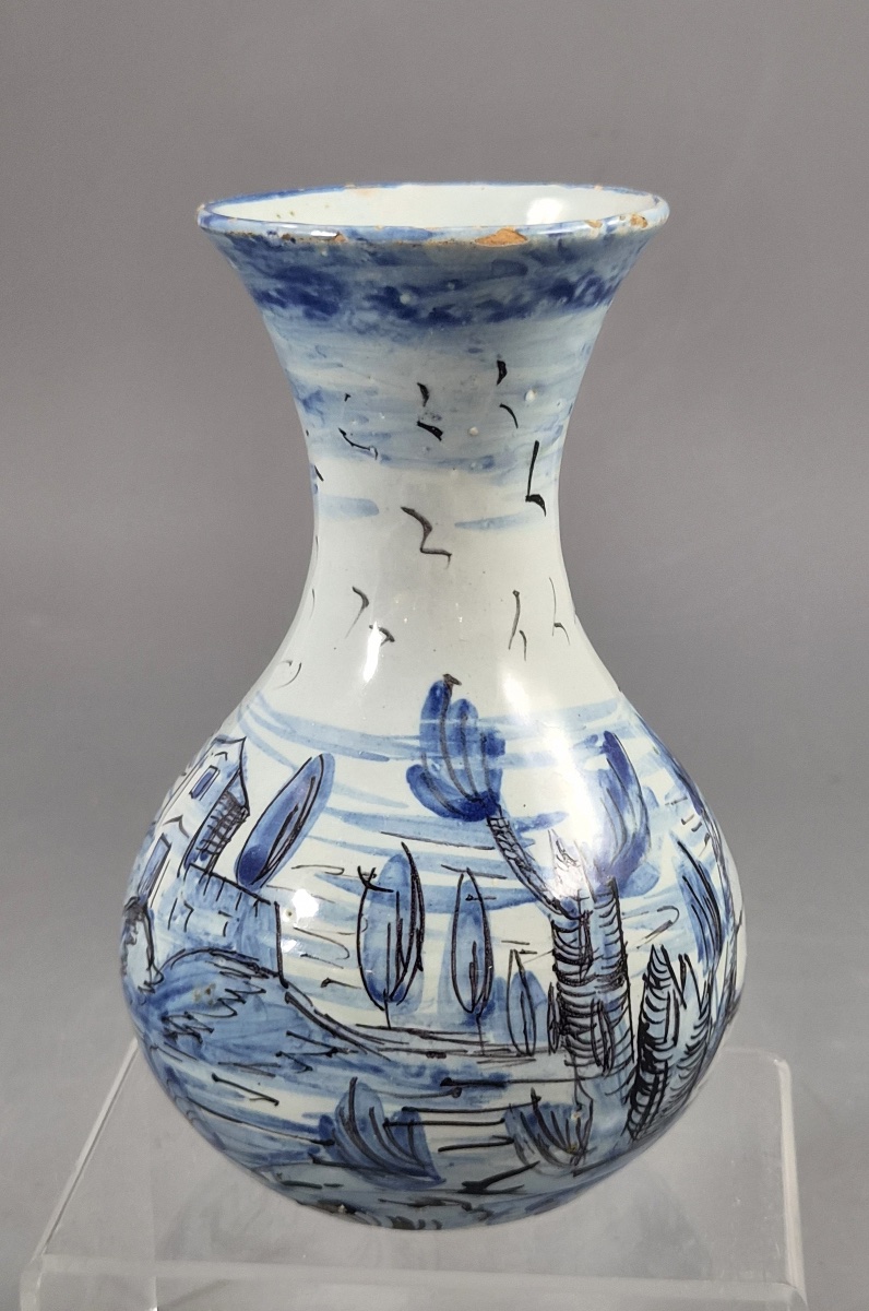 Antique Cantagalli Blue And White Savona Style Maiolica Cabinet Vase, Florence C.1884-photo-2