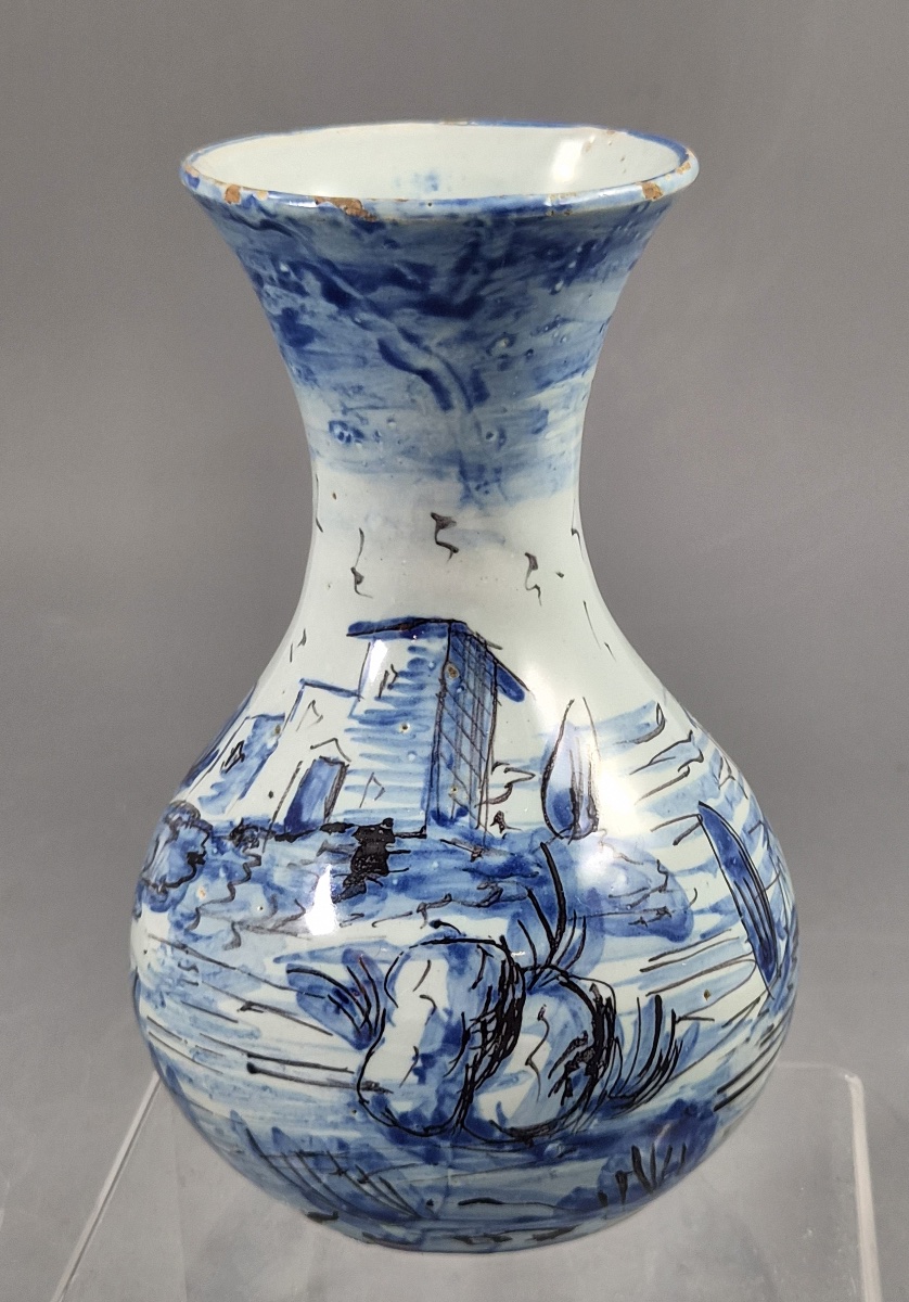 Antique Cantagalli Blue And White Savona Style Maiolica Cabinet Vase, Florence C.1884-photo-2