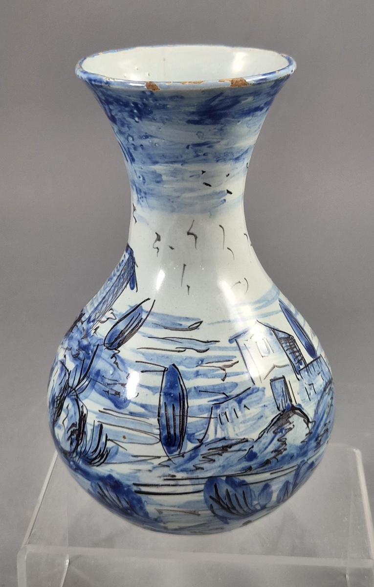 Antique Cantagalli Blue And White Savona Style Maiolica Cabinet Vase, Florence C.1884-photo-3