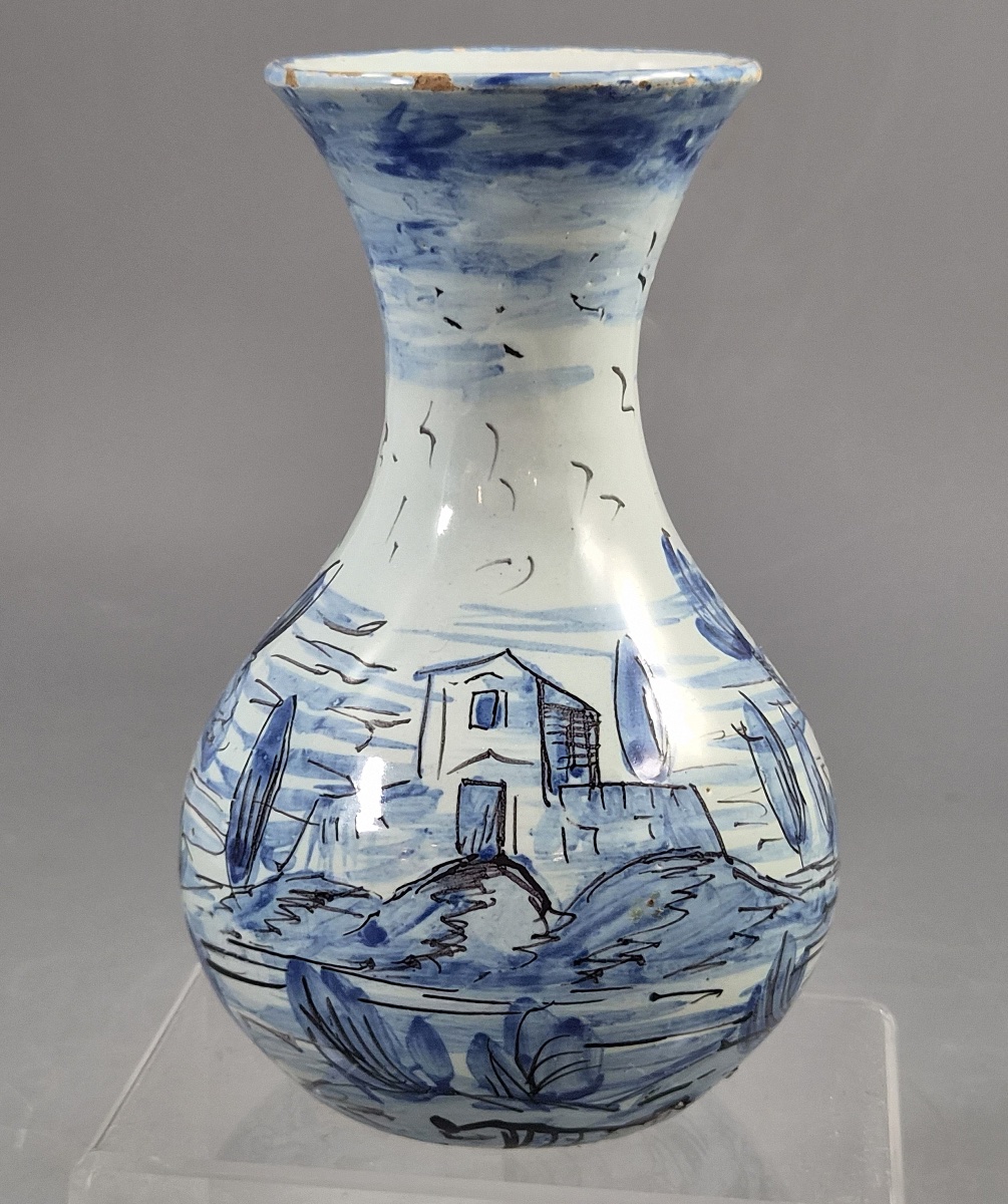 Antique Cantagalli Blue And White Savona Style Maiolica Cabinet Vase, Florence C.1884