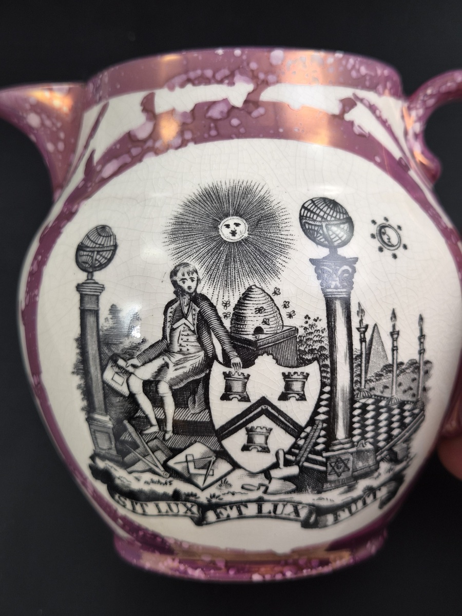 Sunderland Pink Splash Lustre Masonic Jug, English Earthenware, C.1820-1840-photo-2