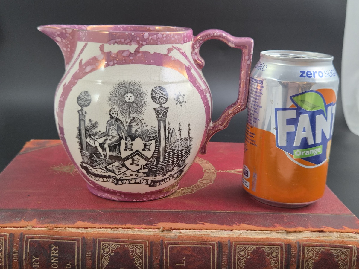 Sunderland Pink Splash Lustre Masonic Jug, English Earthenware, C.1820-1840-photo-3