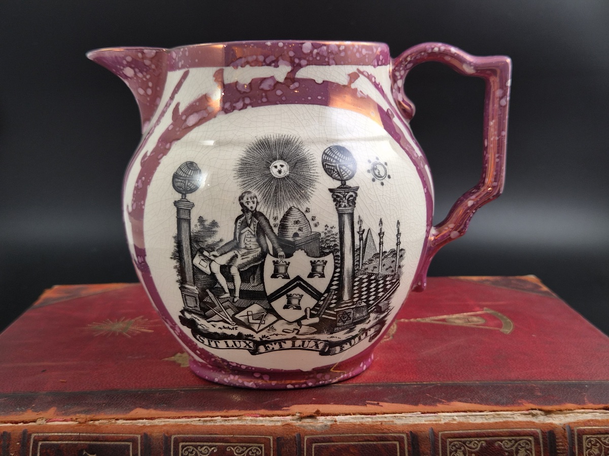 Sunderland Pink Splash Lustre Masonic Jug, English Earthenware, C.1820-1840