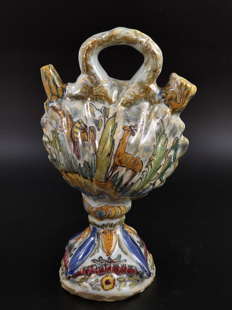 Antique Italian Majolica Scallop Shell Pilgrim Flask, Fiasca Da Pellegrino, 18th C-photo-4