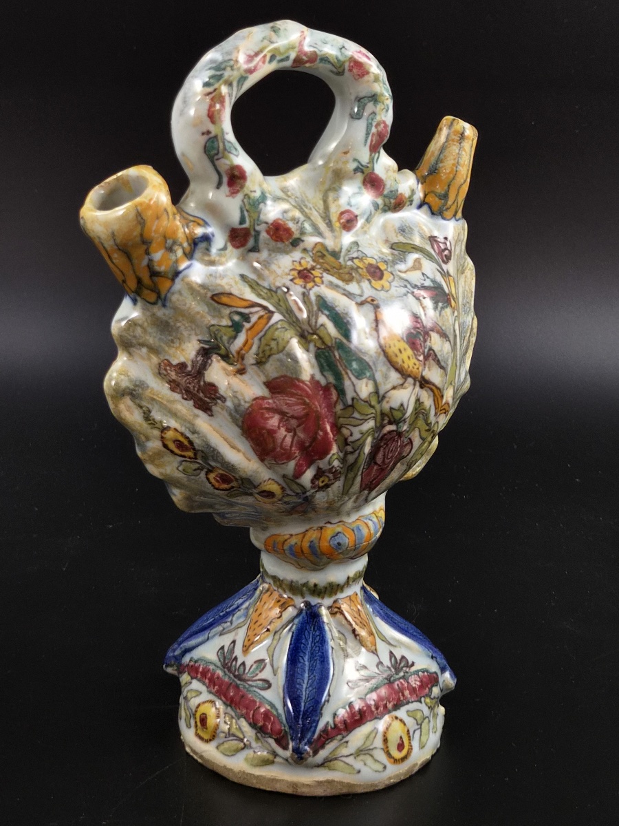 Antique Italian Majolica Scallop Shell Pilgrim Flask, Fiasca Da Pellegrino, 18th C-photo-2