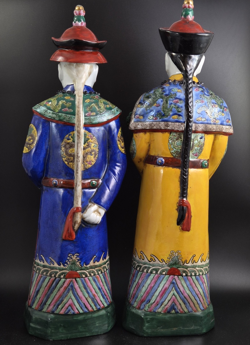 Rare Large 56cm Chinese Porcelain Qing Emperor Figures, Pair, Fujian Huiguan Mark-photo-3