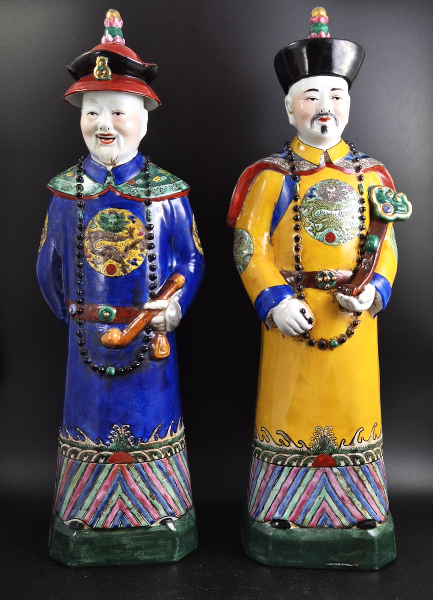 Rare Large 56cm Chinese Porcelain Qing Emperor Figures, Pair, Fujian Huiguan Mark
