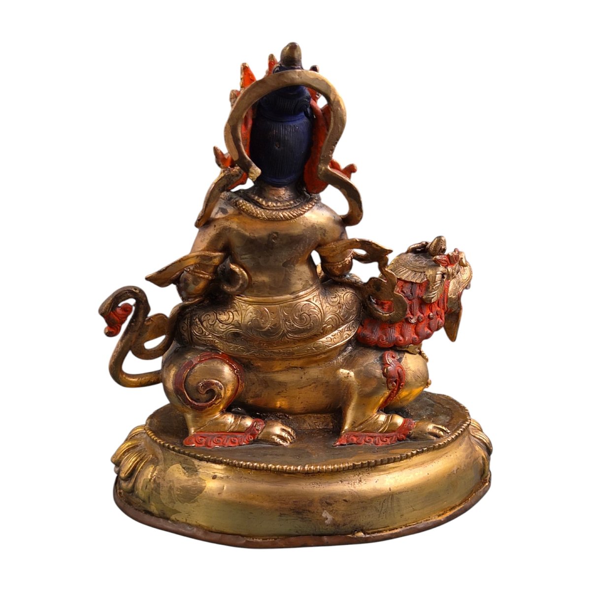 Jambhala sino-tibétain en bronze doré sur un lion, première moitié du XXe siècle-photo-4
