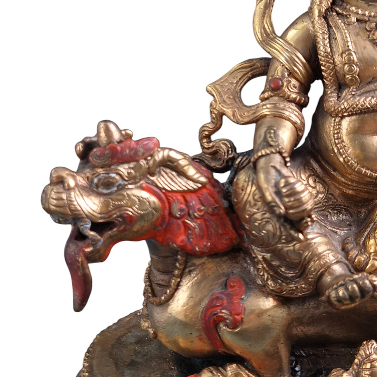 Jambhala sino-tibétain en bronze doré sur un lion, première moitié du XXe siècle-photo-4