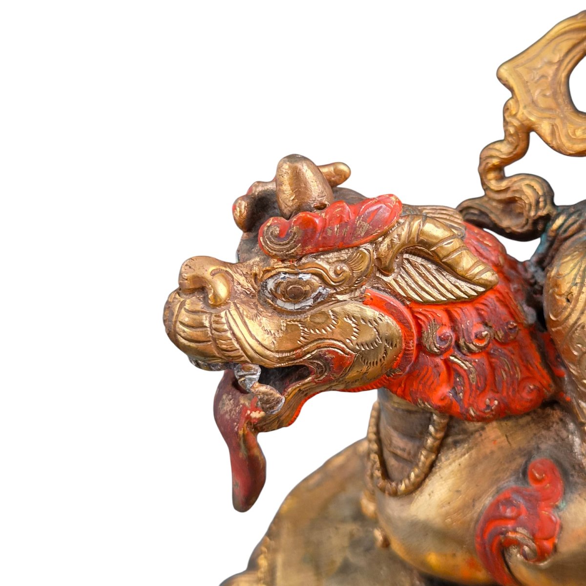 Jambhala sino-tibétain en bronze doré sur un lion, première moitié du XXe siècle-photo-6