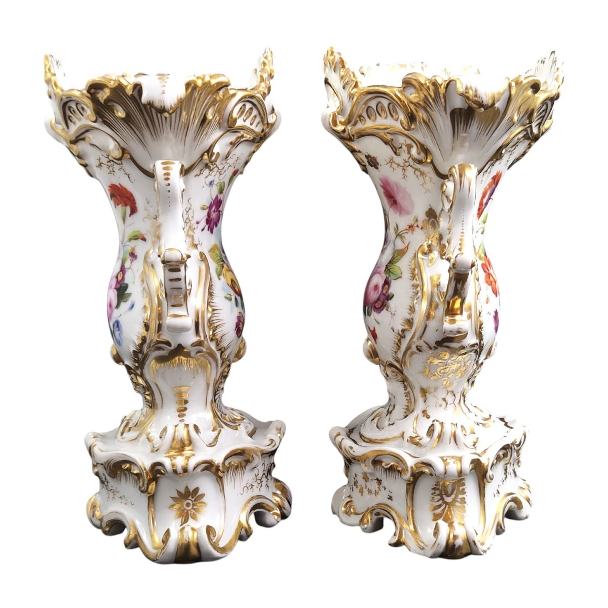 Pair Of Rocaille Vases In Jacob Petit Porcelain, Fontainebleau, Circa 1840-photo-2