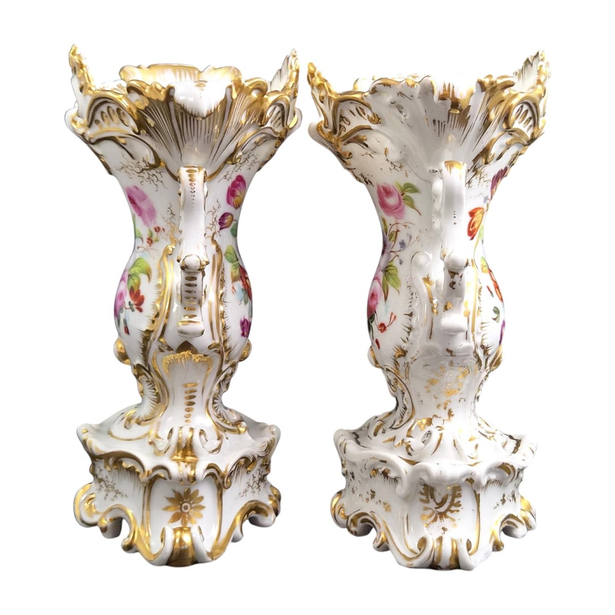 Pair Of Rocaille Vases In Jacob Petit Porcelain, Fontainebleau, Circa 1840-photo-4