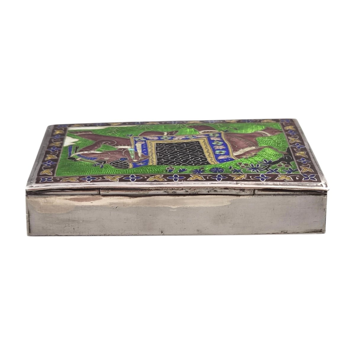 Indian Box Made Of 925 Sterling Silver And Enamel With Elephant Design, 20th Century-photo-2