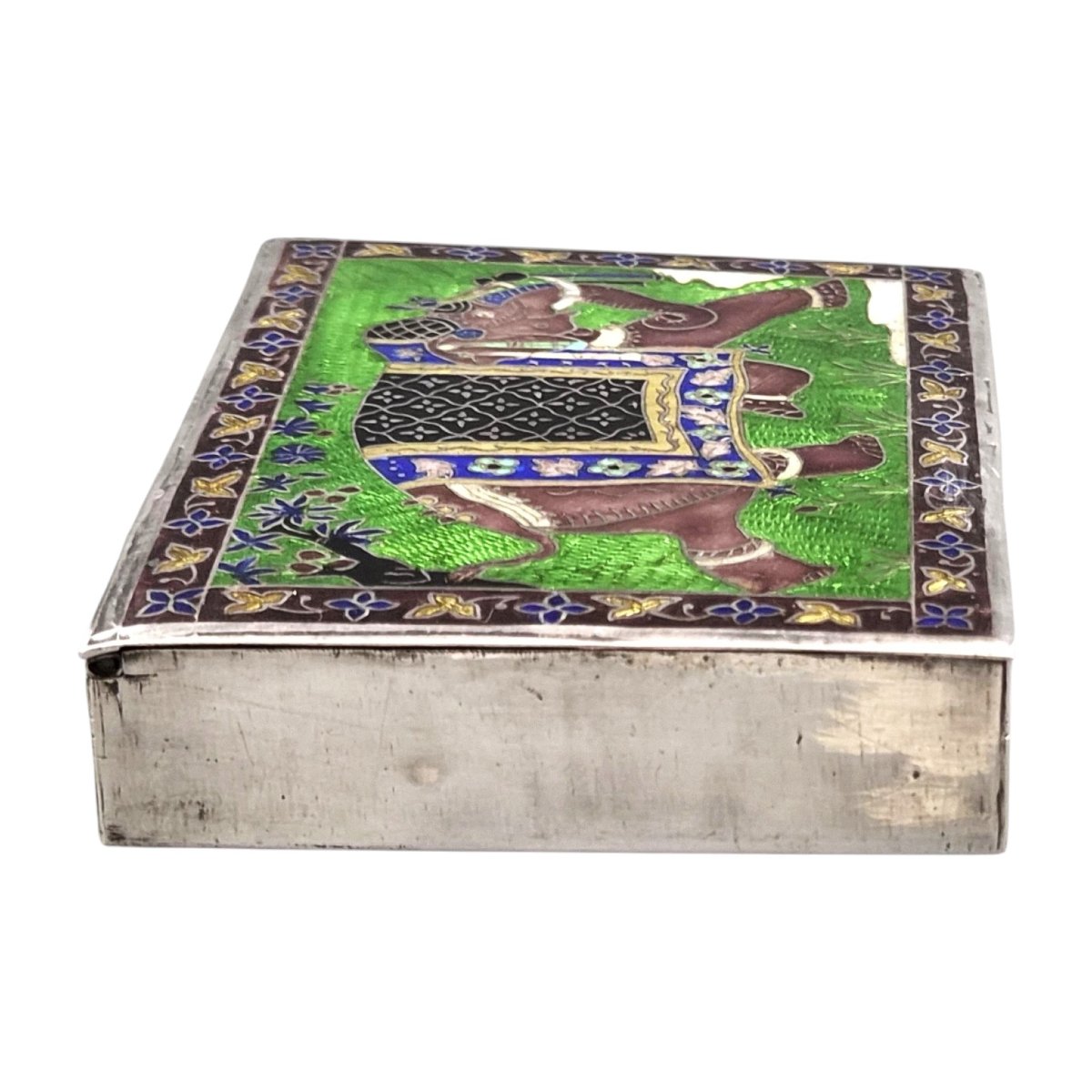 Indian Box Made Of 925 Sterling Silver And Enamel With Elephant Design, 20th Century-photo-3