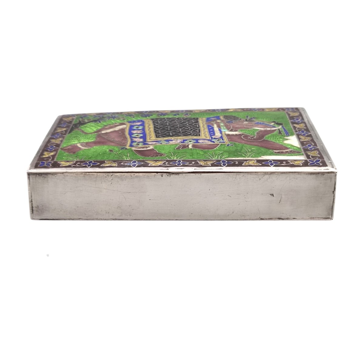 Indian Box Made Of 925 Sterling Silver And Enamel With Elephant Design, 20th Century-photo-4