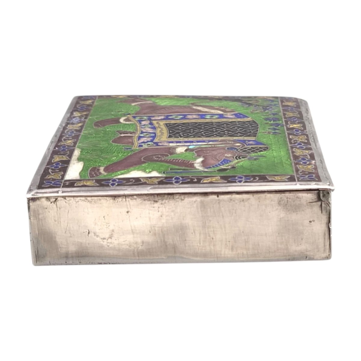 Indian Box Made Of 925 Sterling Silver And Enamel With Elephant Design, 20th Century-photo-1