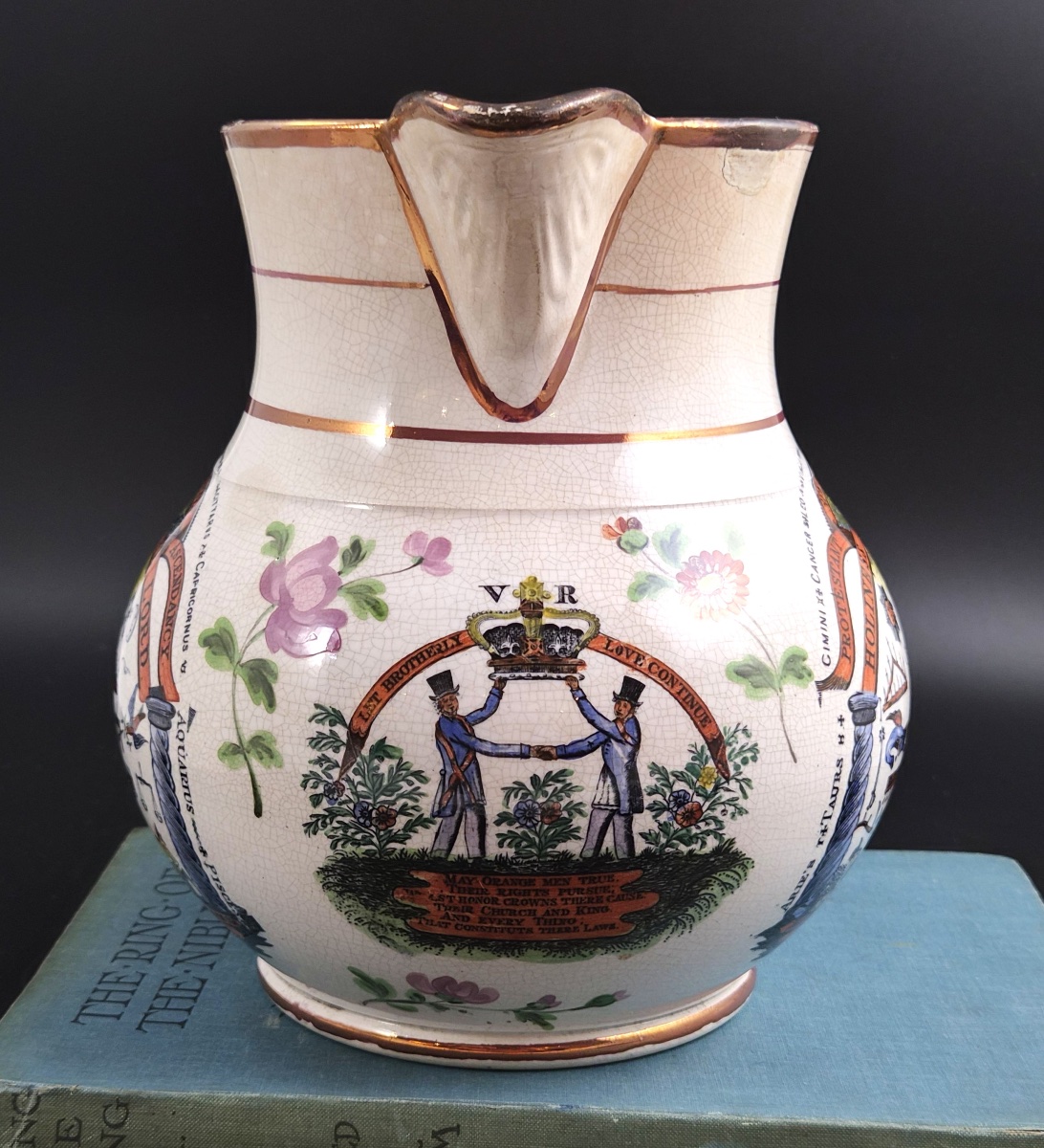 Staffordshire Orange Order Commemorative Jug, Polychrome Earthenware, C.1840-1850-photo-3