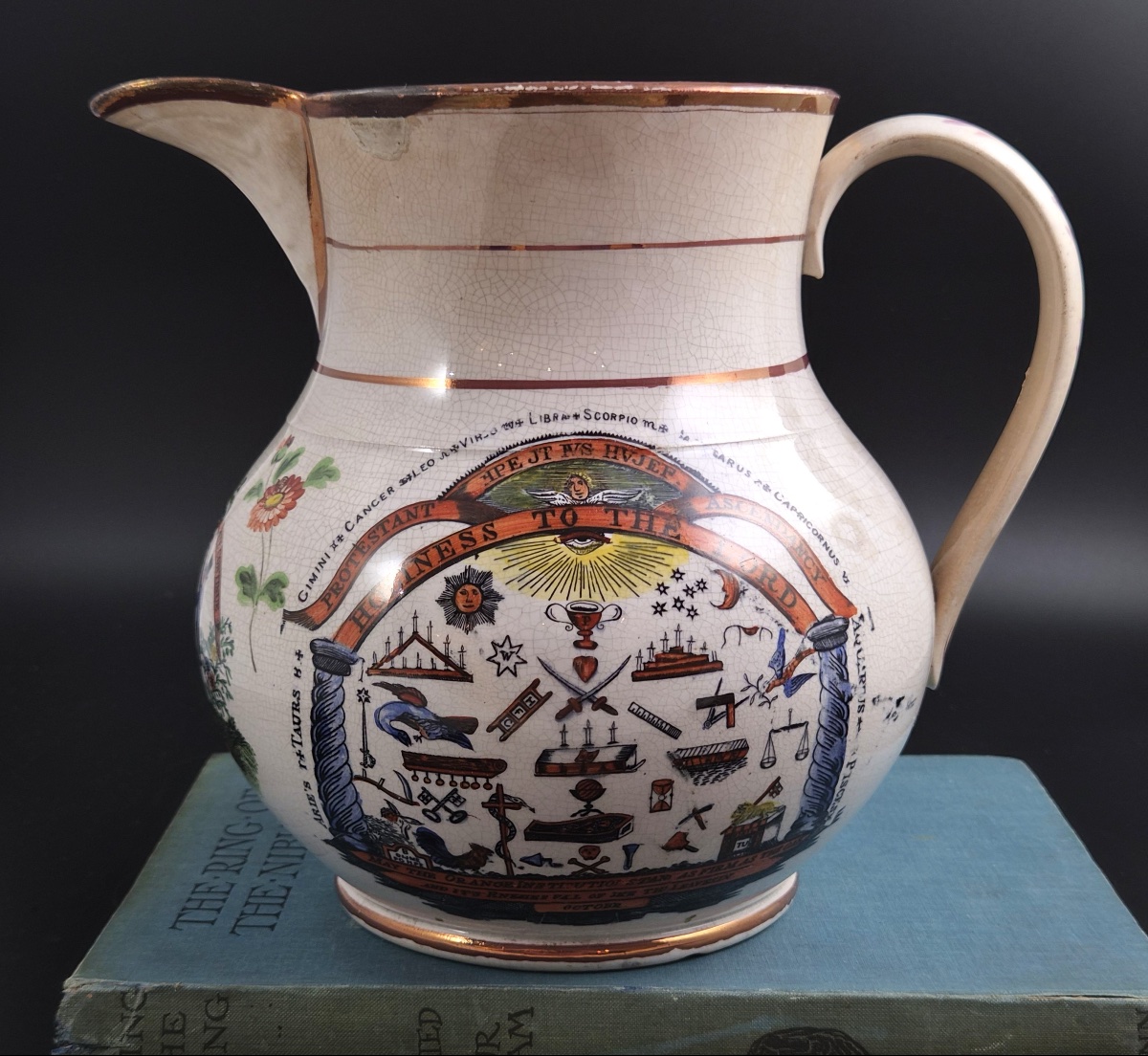 Staffordshire Orange Order Commemorative Jug, Polychrome Earthenware, C.1840-1850-photo-4