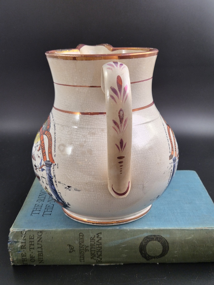 Staffordshire Orange Order Commemorative Jug, Polychrome Earthenware, C.1840-1850-photo-1
