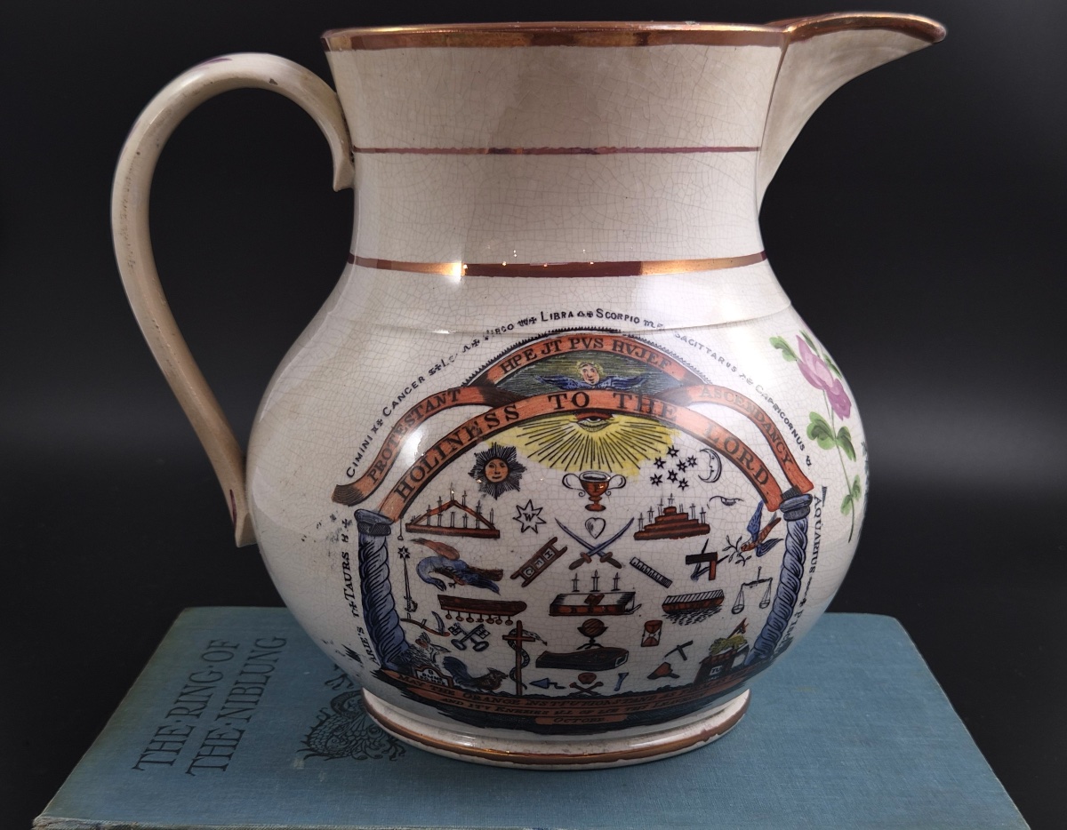 Staffordshire Orange Order Commemorative Jug, Polychrome Earthenware, C.1840-1850